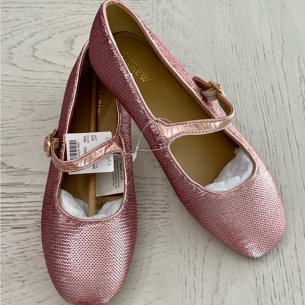 J. Crew Girls' Metallic Light Pink Rose Sparkling Mary Jane Buckle Flats Shoes 5
